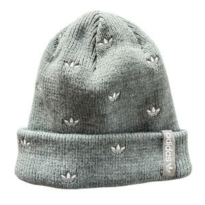 Adidas All Over Trefoil Logo Beanie Hat Grey Knit Casual Streetwear Minimalist